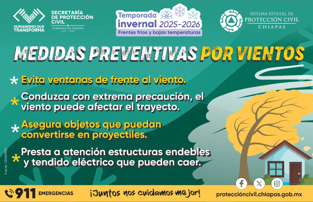 pcivilchiapas's tweet image. Ante #VientosFuertes sigue estas recomendaciones para #Prevenir #Riesgos.

¡Reporta cualquier #Emergencia al 911.

#SistemaEstatalDeProtecciónCivil
#SecretariaDeProteccionCivil #HumanismoQueTransforma #EraDeLaTransformacion #LaNuevaEra