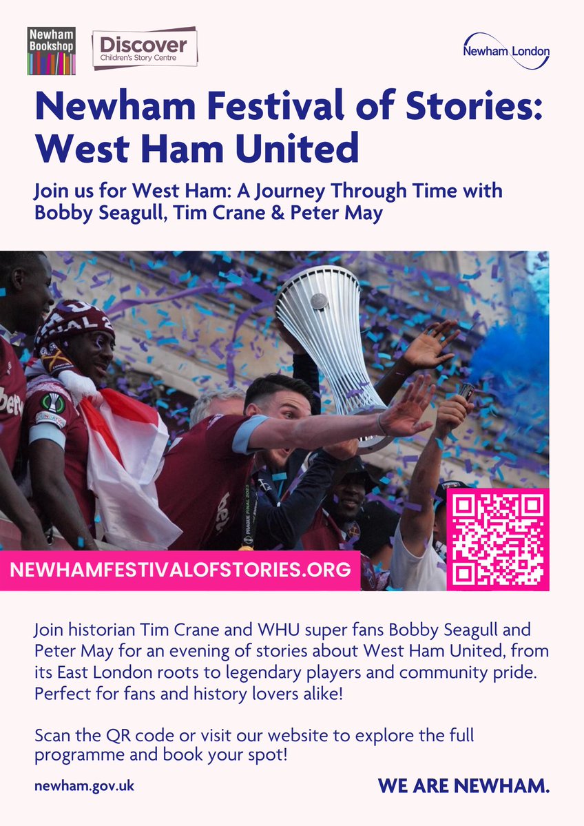 Bobby_Seagull's tweet image. 🎤⚒️ I’m HOSTING a special @WestHam history event!

Join historian Tim Crane and super fan Pete May as we explore the Hammers’ East London roots, legends, managers &amp;amp; community stories.

📅 22 Nov 2025 | ⏰ 5–6pm
📍 Stratford Library (for Newham Festival of Stories)
🔗…