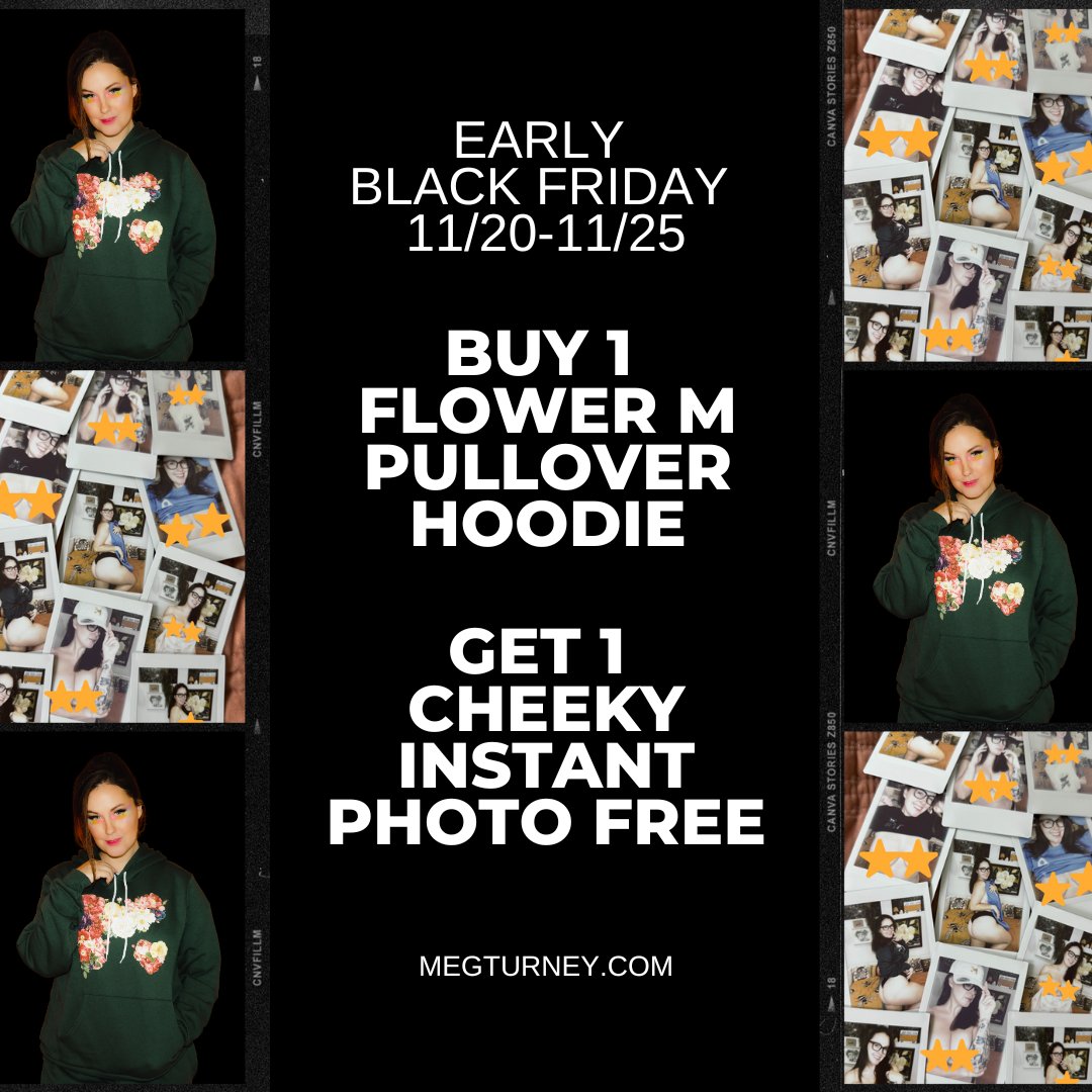 MegTurneyMerch's tweet image. Cheeky Instant Photos are back for a limited time! Add-on a photo to any merch item for $10, or if you buy a Flower M Hoodie, you can add a photo for FREE! *Make sure to select the photo option at the bottom of the merch page before purchasing so we know to add it to your order!*