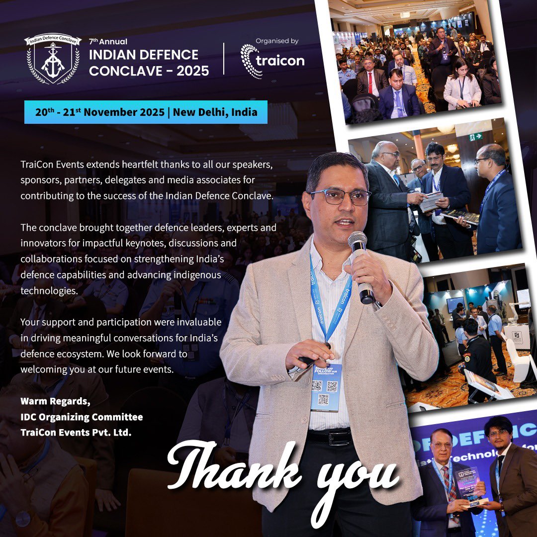 Indian Defence Conclave is wrapped up for 2025!
Look forward to the next edition ✨

📅 20th–21st November 2025
📍 New Delhi, India
📩 pr@traiconevents.com
🌐 idc.traiconevents.com

#traicon #traiconevents #IDCIndia #IndianDefenceConclave #DefenceTechnology #Innovation