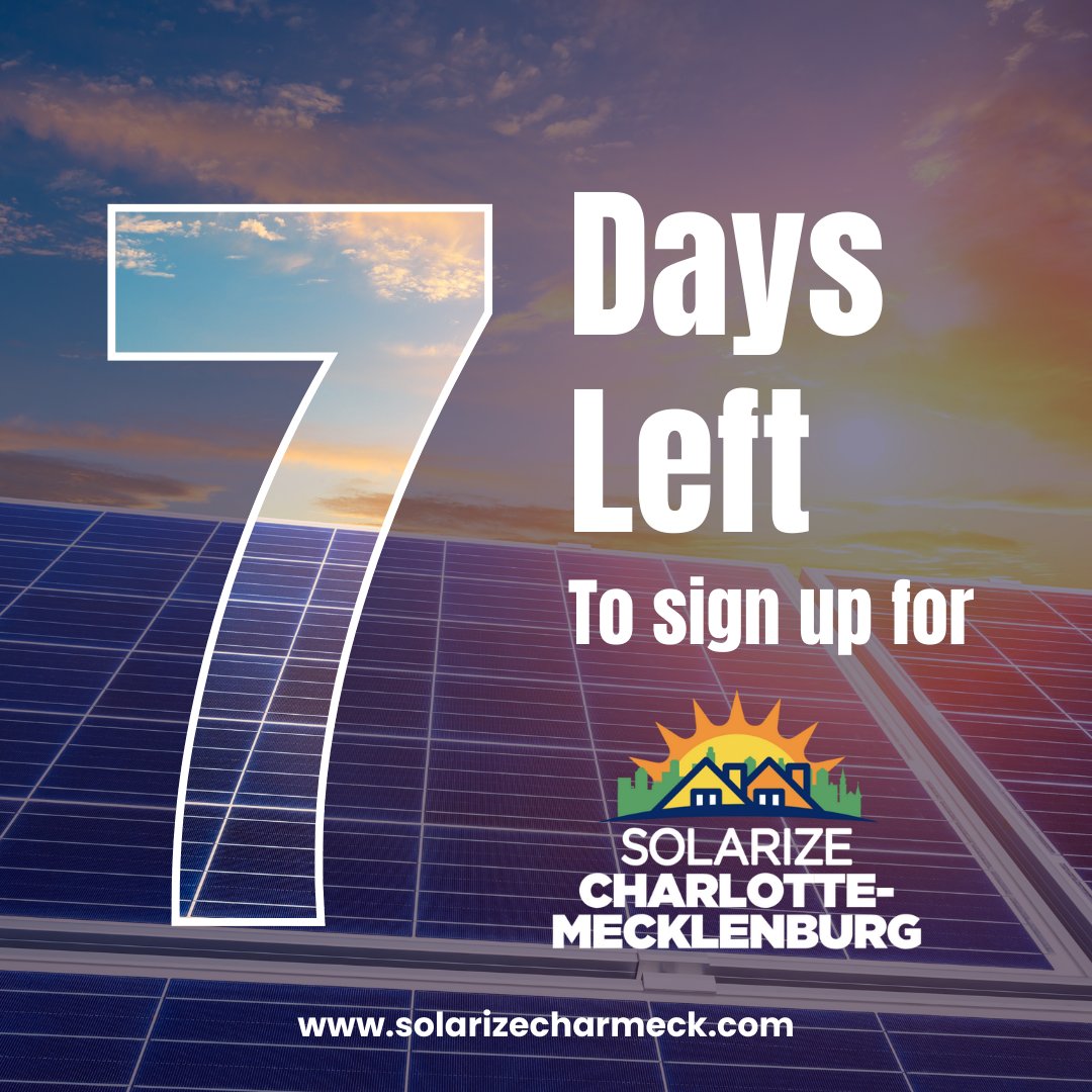 One week left to sign up for Solarize Charlotte-Mecklenburg! Make sure your friends and neighbors don't miss out on our group discount pricing that qualifies homeowners for immediate savings of up to $4,000! hubs.li/Q03Vsr5s0