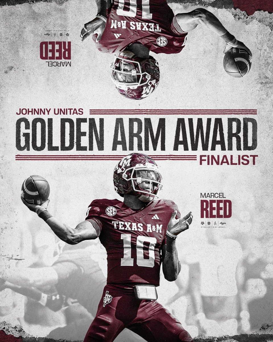 AggieFootball's tweet image. Honoring the nation’s top upperclassman QB for on-field excellence, leadership, character, and academic achievement.

@Marcel10Reed has been named a Golden Arm Award Finalist

#MarcelMode | aggi.es/3XuVD3n