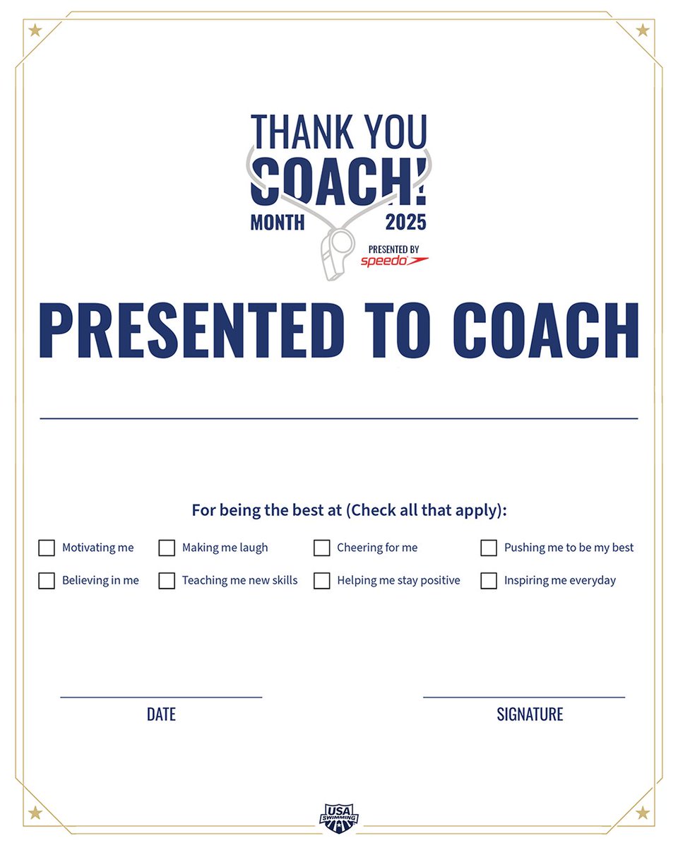 Give your coach a special shoutout this #ThankYouCoachMonth!

Download a "Certificate of Awesomeness" from our Marketing Toolkit to share your appreciation with your coach » usaswimming.org/coaches-leader…