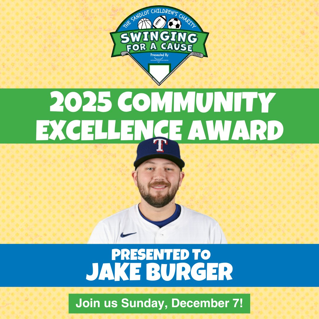 Proud to honor Jake Burger this year for his impact on and, most importantly, off the field. His family’s foundation is changing lives. Be there with us to celebrate him Dec. 7 at Swinging For a Cause. Tickets here: thesandlot.org/events