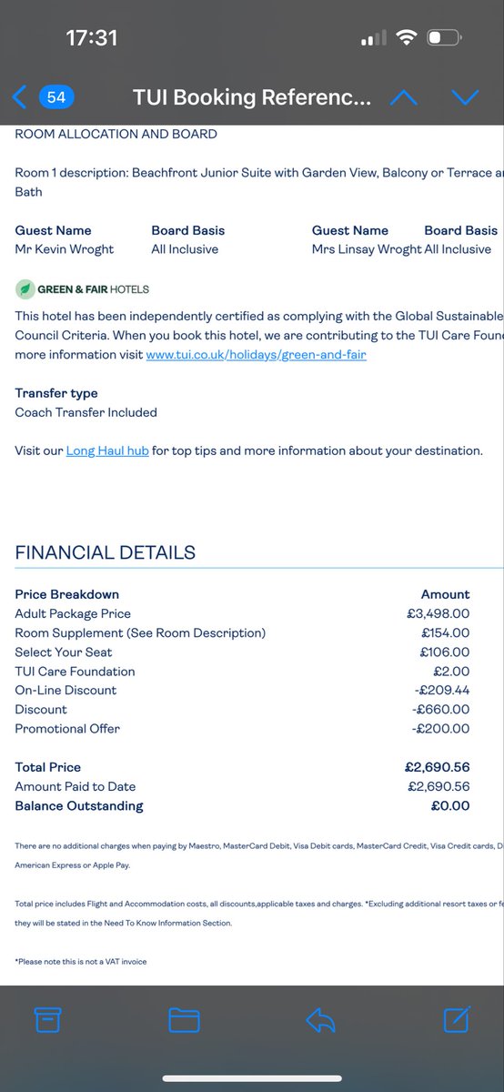 LinsayWright's tweet photo. So @TUIUK  a room upgrade of £600 actually cost me £1500 with removed discounts and amended Package Fee - neither disclosed at time of booking! Offer of £600 compensation disgusting !!  Don’t get me started in the quality of the upgraded room 🙈 hence why we questioned the £££ https://t.co/lGL8VUpURu