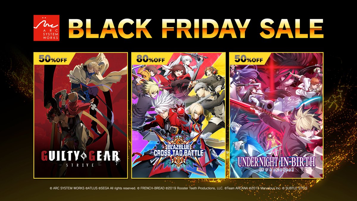 ArcSystemWorksU's tweet photo. 🗣️BLACK FRIDAY SALES ARE HERE! 🎉

We have a ton of our games available on various platforms at huge discounts! 💪
➡️GUILTY GEAR -STRIVE- 50% OFF
➡️BLAZBLUE CROSS TAG BATTLE 80% OFF
➡️UNDERNIGHT IN-BIRTH II Sys:Celes 50% OFF

Check out the full collection of our Black Friday Sales Here⬇️
https://t.co/orxjkzB0zY

#GGST #BBTAG #UNI2 #BlackFriday