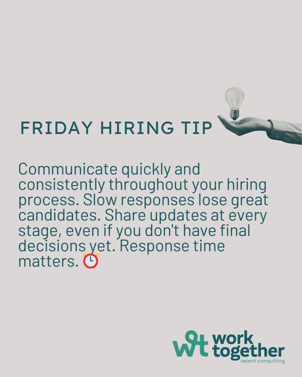 WorkTogetherTC's tweet image. Friday hiring tip! ⏰ Timely communication keeps great candidates engaged. Slow responses lose them to faster organizations. Quick updates at every stage show respect and prevent candidates from accepting other offers.💡 

#FridayHiringTip #Hiring