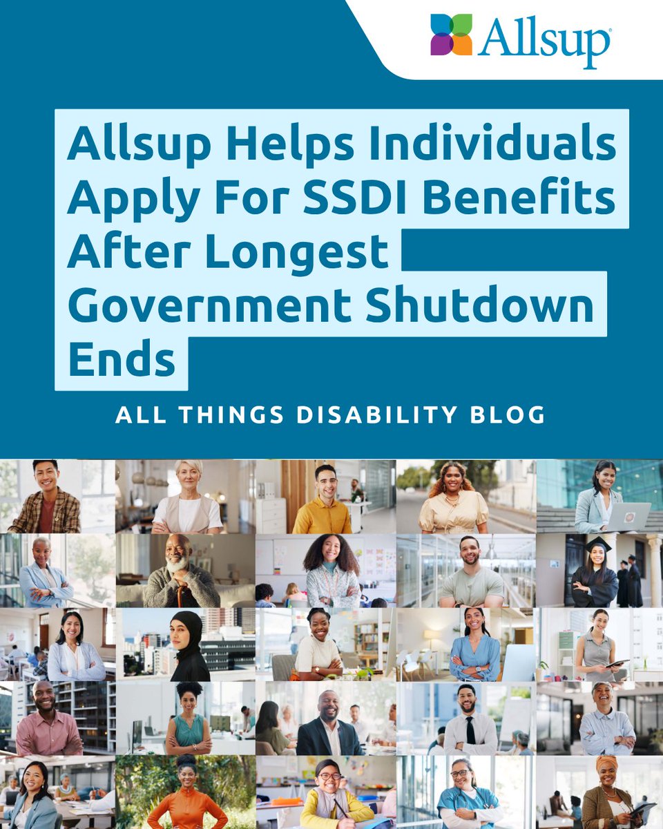 Allsup's tweet image. The longest government shutdown has ended, and the SSA is returning to normal operations. If you’ve experienced delays in applying for SSDI, Allsup is here to help you get your claim back on track: allsup.help/3XrCFub 

#ExpertHelp #DisabilityRepresentation #ApplyForSSDI…