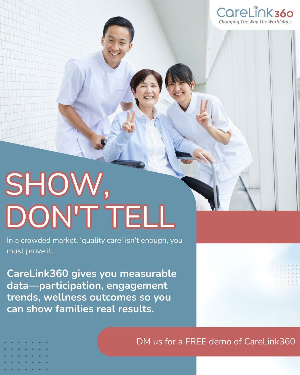 Carelink360HCS's tweet image. “Quality care” isn’t enough—you must prove it. CareLink360 gives measurable engagement and wellness data so families see real results, not promises.

#DataDrivenTrust #ProveYourQuality #CareThatConnects