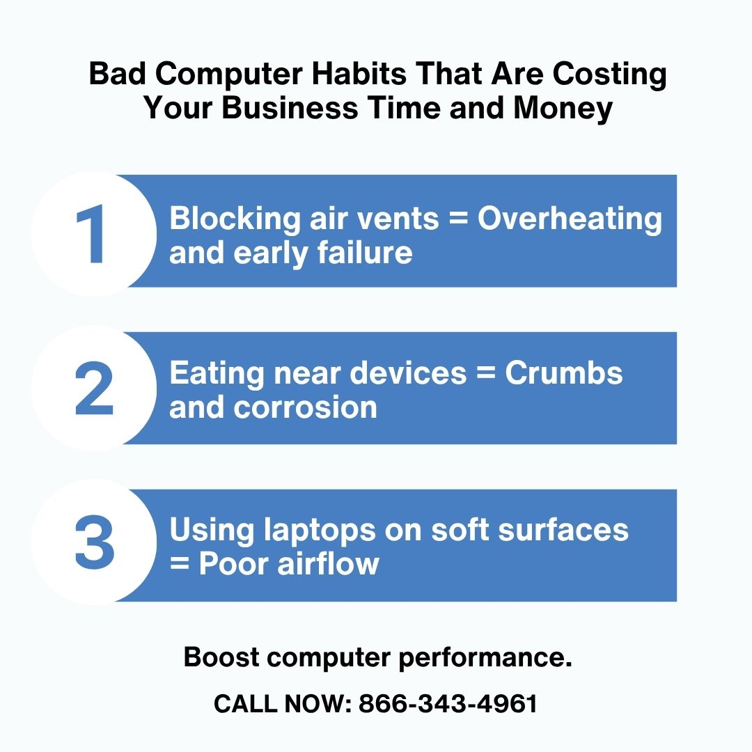 MyCompWorks's tweet image. Bad habits could be costing you performance and profits. Prevent downtime with regular maintenance and expert IT support from My Computer Works. Call 866-343-4961 to speak to U.S.-based agents.

For the full list of bad habits, read this blog → mycomputerworks.com/stop-these-10-…
