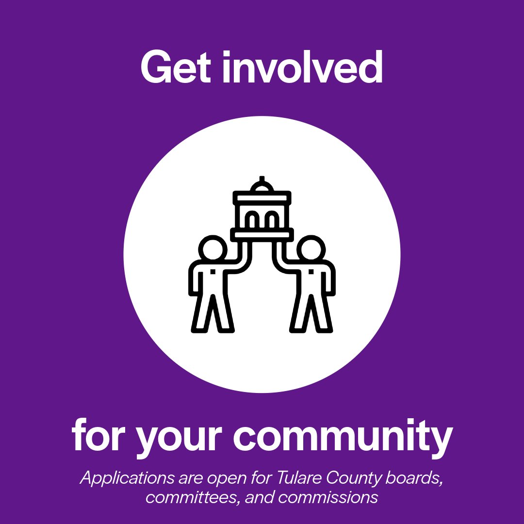 Get involved for your community! Apply for a Tulare County board, committee, or commission.

Learn about openings and apply at ow.ly/nm2E50VSPlF.
#TulareCounty #localgovernment #volunteer