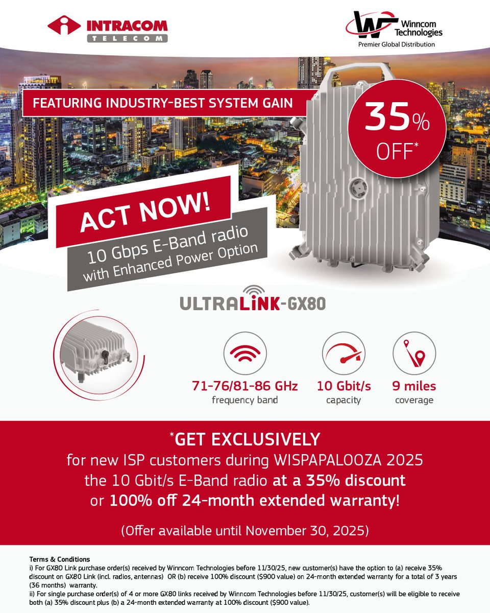 WinncomTech's tweet image. 📡 UltraLink-GX80 @IntracomTelecom Promotion 

This bandwidth beast comes with two unbeatable options: 
🔹 35% OFF with Enhanced Power Option 
🔹 OR FREE 24-month extended warranty 

Contact sales@winncom.com or visit: ow.ly/JMMn50XnPlt