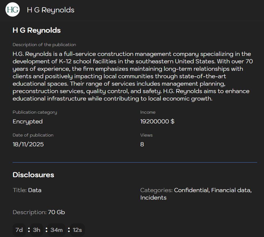darkwebsonar's tweet image. The H.G. Reynolds Company in the USA 🇺🇸, operating within the Building and Construction sector, is a high-confidence target for ransomware attacks. Stay alert to emerging threats in this industry. #Ransomware #CyberThreats #BuildingSecurity