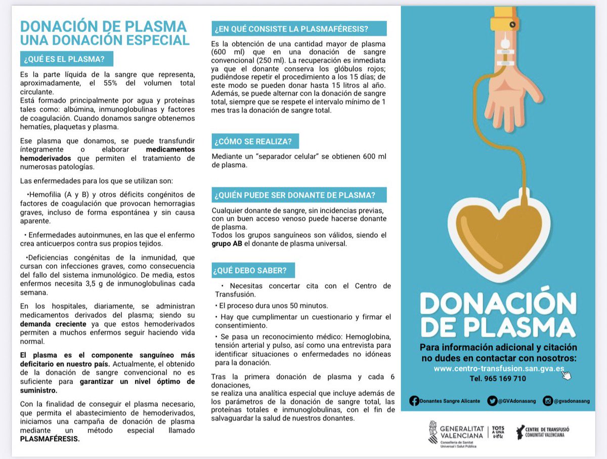 El plasma es esencial para tratar a pacientes con quemaduras, enfermedades graves y situaciones de emergencia. La necesidad de donantes es constante, y cada uno de nosotros puede aportar.Te invito a dar el paso
💛🤝 Dona sangre, dona plasma, dona vida. <a href="/andfcae/">Asociación Nacional de Donantes</a> <a href="/GVAdonasang/">GVA Dona Sang</a>
