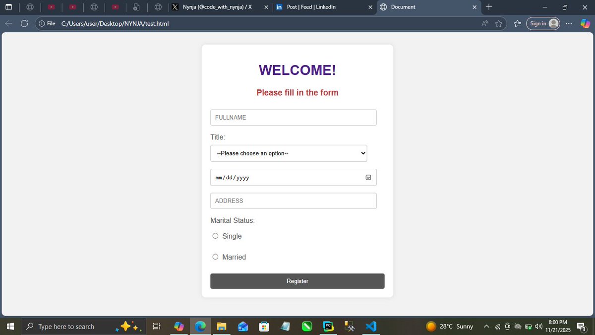 code_with_nynja's tweet image. Worked on a Customer info form using HTML and CSS
