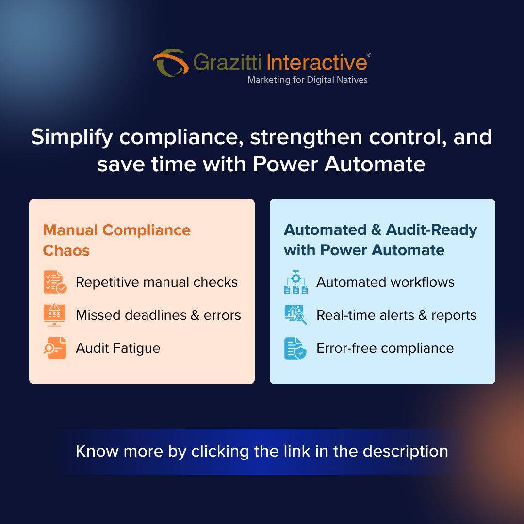 Grazitti's tweet image. Manual compliance drains time and focus. Power Automate makes it easy to perform automated checks, send real-time alerts, and ensure seamless audits.

👉 ow.ly/3fVs50XvSOO

#PowerAutomate #MicrosoftPowerAutomate #DigitalTransformation #Grazitti