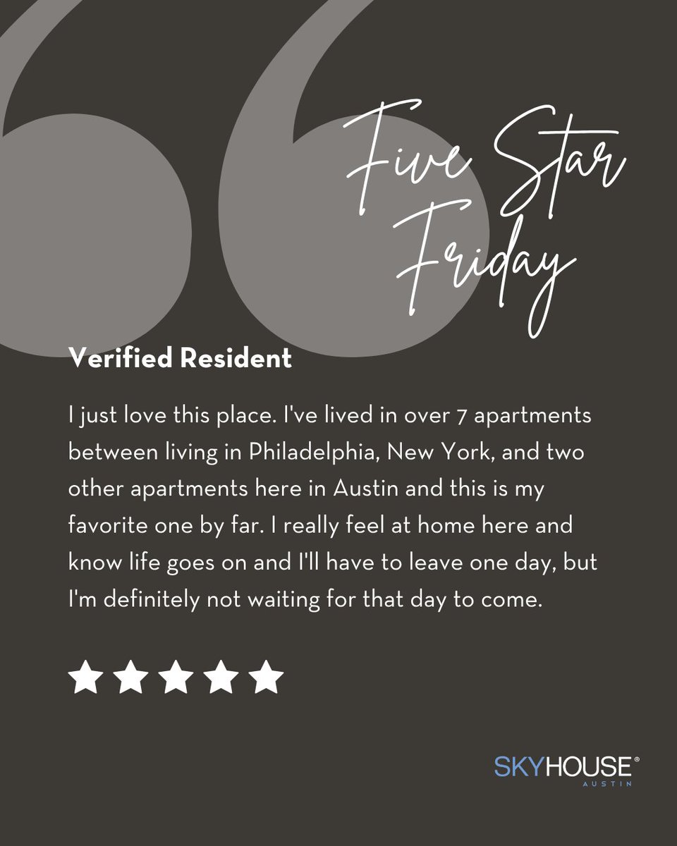 ⭐ Five Star Friday shoutout! Thanks to our residents and prospects whose feedback helps SkyHouse Austin Apartments create a community that truly feels like home. 💬  #FiveStarFriday #ApartmentLiving 💬Leave us a review here: birdeye.com/skyhouseaustin…