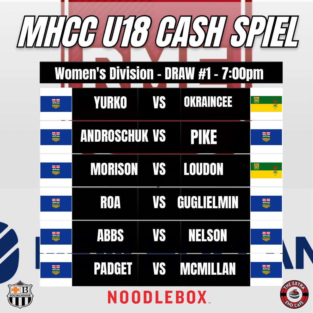HatCurling's tweet photo. Draw #1 kicks off tonight at 7pm at RME PLACE! Come check out the action LIVE! FREE ADMISSION, Progressive 50/50 and Silent Auction. Check out the The Extra End Cafe for some amazing food! It’s the MHCC U18 CASH SPIEL proudly presented by Rocky Mountain Equipment NEW HOLLAND! https://t.co/tVHux0Yfqt