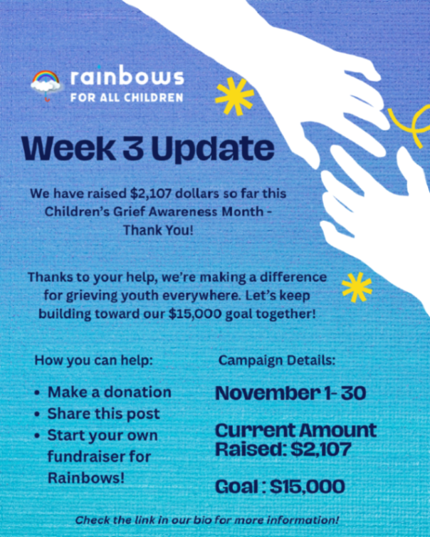 Only one week left to reach our $15K goal! We are currently at $2,107 and there is still time to contribute and make a difference to youth facing loss and uncertainty. Check the link in our bio to join.
#childrensgriefawareness #rainbowsforallchildren #youthgriefsupport