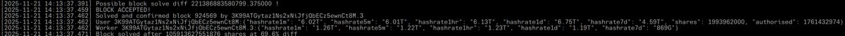 ckpooldev's tweet image. Congratulations to extremely lucky miner 3K99~Ct8M with only SIX TH for solving the 308th solo block at solo.ckpool.org. A miner of this size has only a a in 180 million chance of solving a block each day! 
mempool.space/block/00000000…