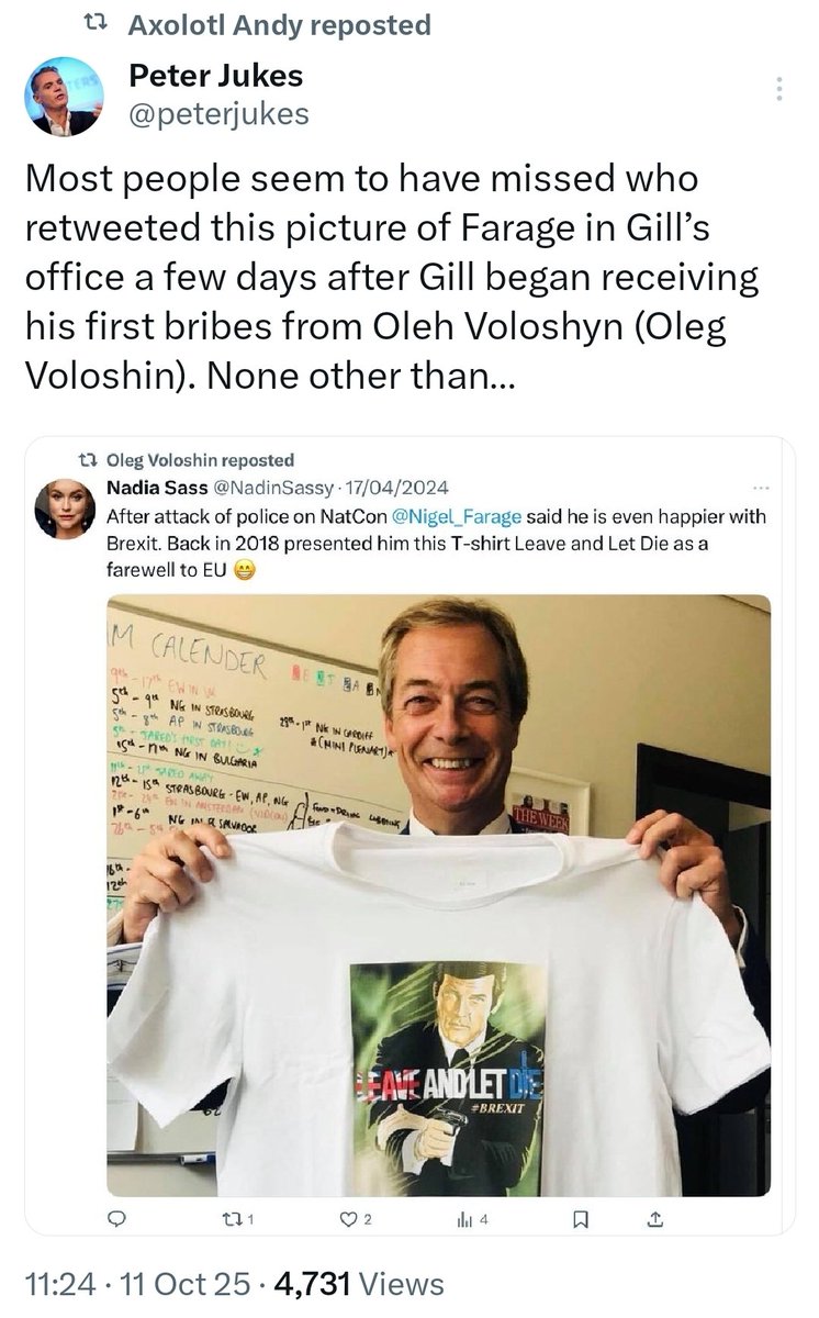 nickreeves9876's tweet image. Here is Nathan Gill tweeting a Happy Birthday to Nigel Farage, aka  &apos;Mr Brexit&apos;. 

And here is Farage with Russian propagandist Nadia Sass, the wife of Nathan Gill&apos;s handler, Oleg Voloshyn,

And here  is Farage in what appears to be Gill&apos;s office holding a &quot;Leave and Let Die&quot;…