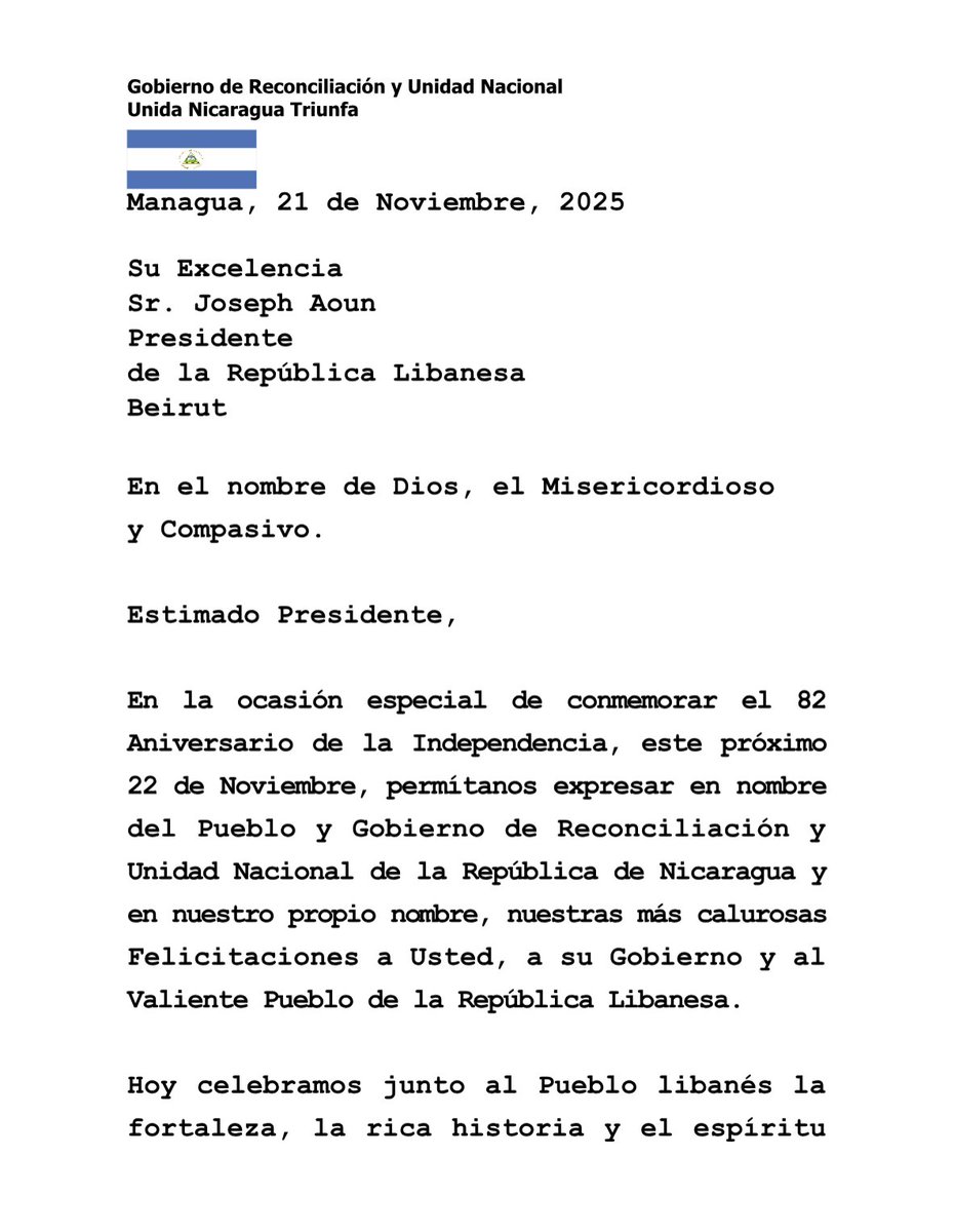 el19digital's tweet photo. #Mensaje de Saludo y Felicitación del Copresidente-Comandante Daniel, y la Copresidenta Compañera Rosario, a Su Excelencia, Señor Joseph Aoun, Presidente de la República #Libanesa, al conmemorarse el 82 Aniversario de la Independencia en ese Hermano País. https://t.co/pRORpTBrW5