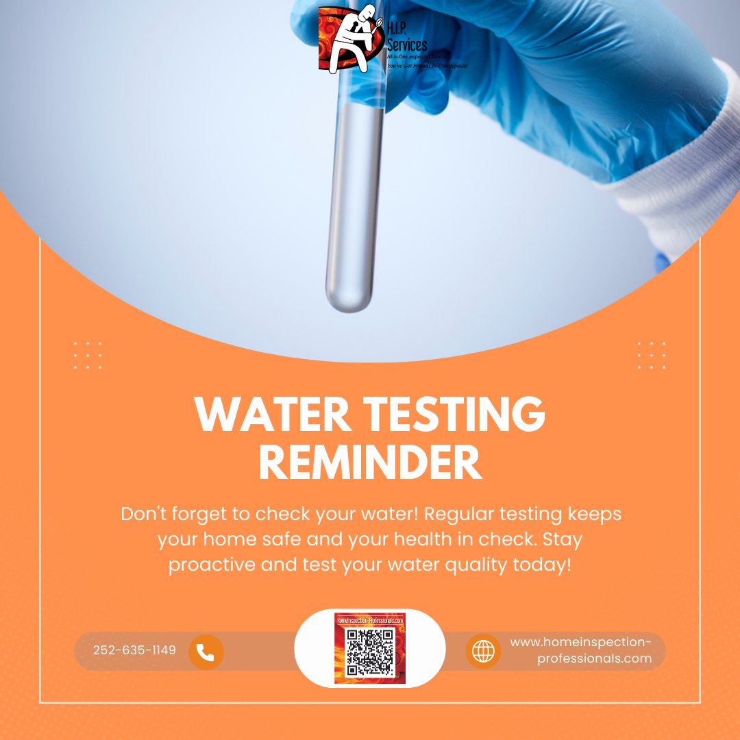 HIPServices's tweet image. Water Testing Reminder: Routine testing helps detect contaminants early and ensures your water stays safe and healthy. Don’t skip it!
HIP QUICK QUOTE: widgets.spectora.com/#/home-inspect…
SCHEDULING REQUEST: homeinspection-professionals.com

#SafeWater #WaterTesting