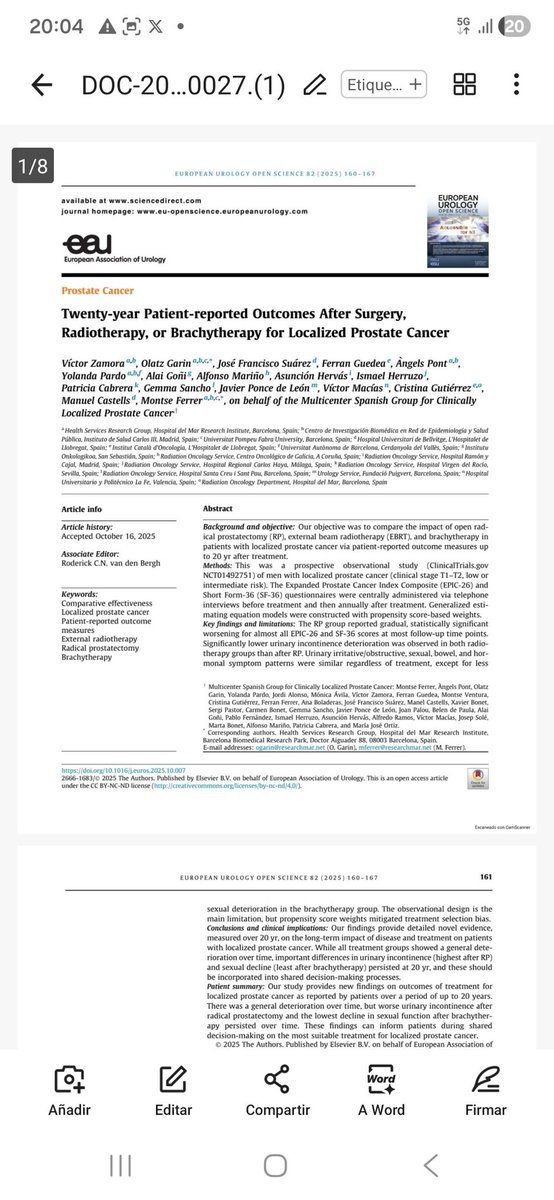 ✨📢 ¡Nueva publicación! 📢✨
De la mano de la Dra Cabrera 👩‍⚕️📚

🔬📈 Resultados tras 20 años de tratamiento de cáncer de próstata 🎗️

💧🚻 Menos efectos secundarios urinarios en pacientes tratados con radioterapia ⚡ o braquiterapia 🔸 frente a cirugía 🏥

#SomosHUVR
