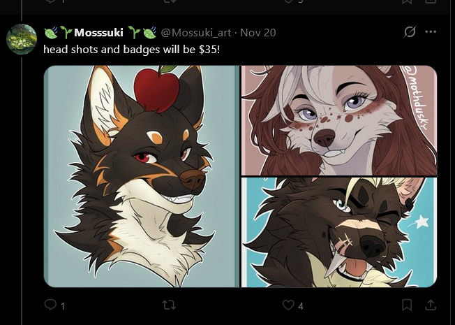 vakaivakai's tweet photo. @hornedbun since you're the mothdusky guy basically 😭 ill just put it here that she's currently advertising commissions with ai traced art. im sure the other two are traced, im just too lazy to find them in her da favs https://t.co/6pTd54dNlv