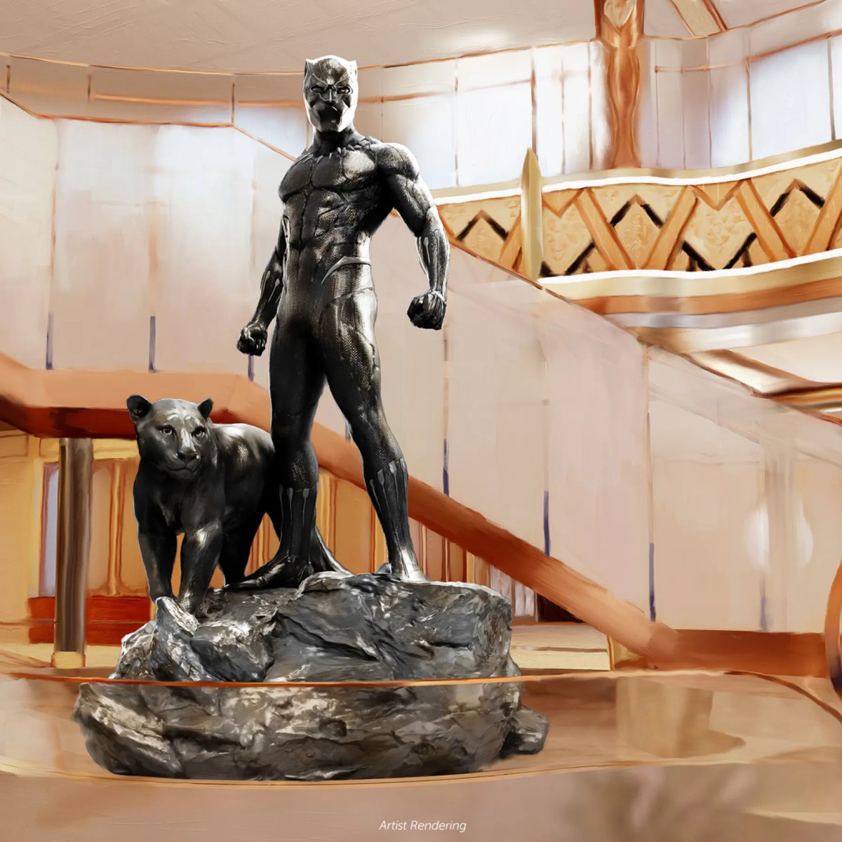 MCUFilmNews's tweet image. First look at Black Panther in Disney Destiny Grand Hall.