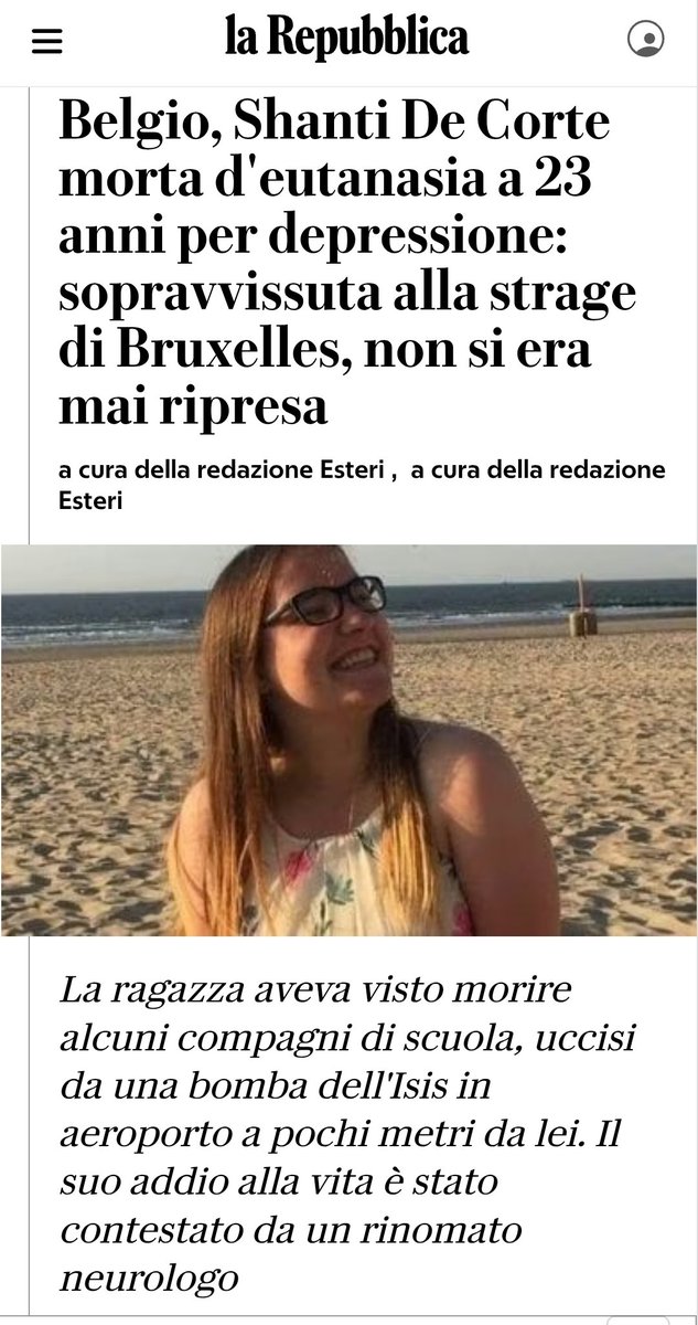 <a href="/OfficinaTorino/">OfficinaTorino</a> <a href="/M_Rachele/">Maria Rachele Ruiu ن</a> 🚨Secondo la vostra logica se un mio studente volesse suicidarsi dovrei mandarlo dallo psicologo a verificare che tale desiderio sia "genuino" e dopo tale verifica lo si dovrebbe AIUTARE A UCCIDERSI. 

Non è uno scenario inventato. È già successo.

Fonte: repubblica.it/esteri/2022/10…