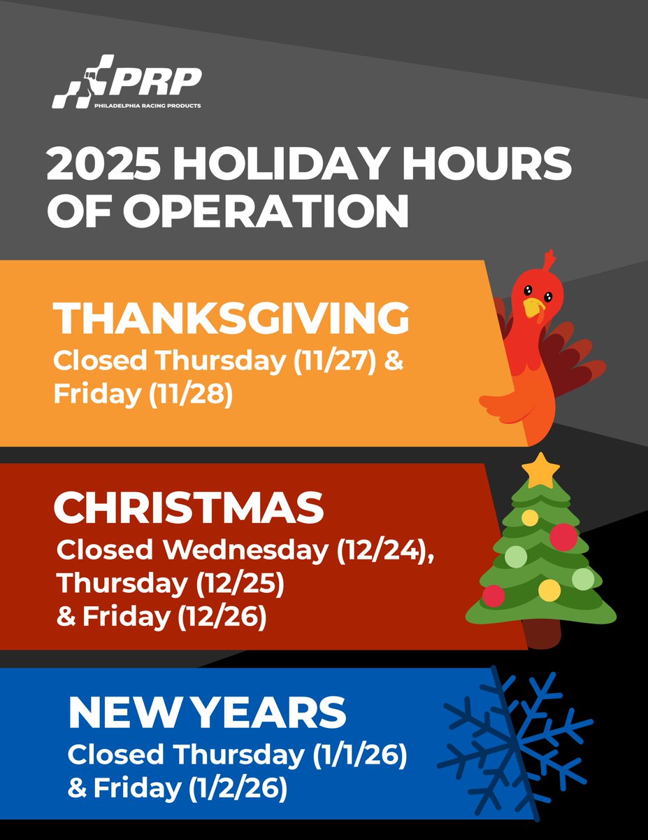 prpracing's tweet image. The holidays are almost here!🎄✨ 

We truly appreciate your business and want to ensure you’re supported throughout the season.

Please take note of our holiday office closures for Thanksgiving, Christmas, and New Year's.

Wishing you a wonderful holiday season!
— The PRP Team