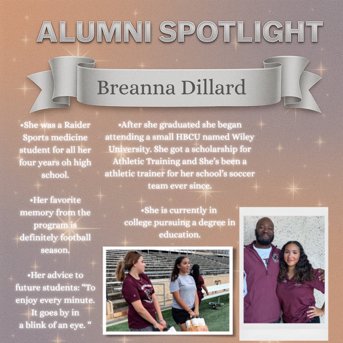 Raider_SportMed's tweet image. Breanna reminds us that time goes fast, so make the most of every opportunity. She did just that, and now she’s turning her passion into purpose as she works toward becoming an educator. Her story is exactly what Raider Sports Medicine is all about. 🤍🌟
#AlumniSpotlight