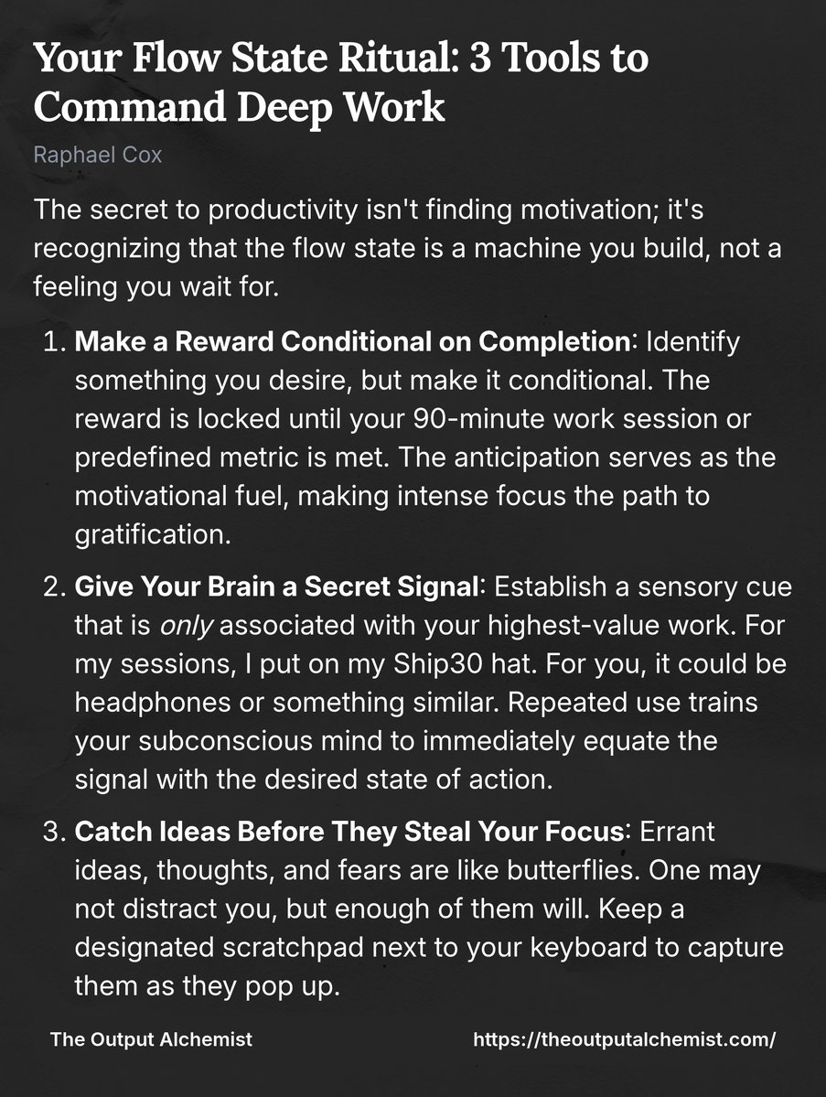 RaphaelCox5's tweet image. Flow is an engine that requires constant maintenance

It needs these 3 tools to make sure you are primed to go

Here are the details 👇