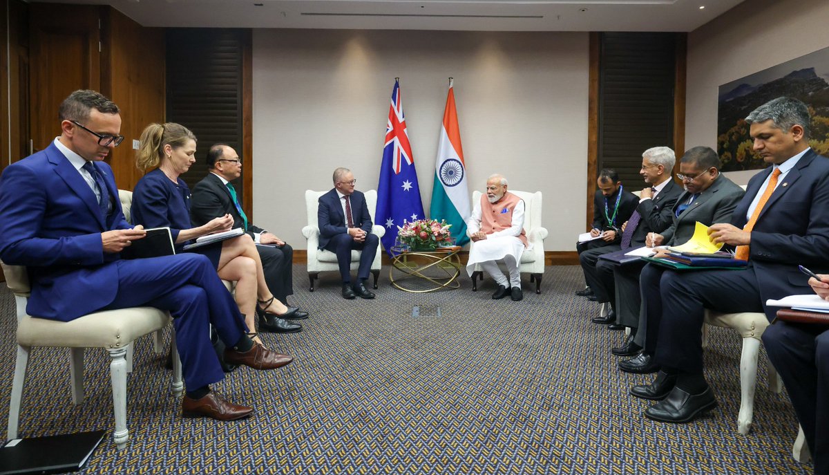PMOIndia's tweet image. PM @narendramodi met PM @AlboMP of Australia in Johannesburg. The leaders reviewed the cooperation between both countries across multiple sectors. They discussed deeper collaboration in defence and security, nuclear energy, trade, education and cultural exchanges.