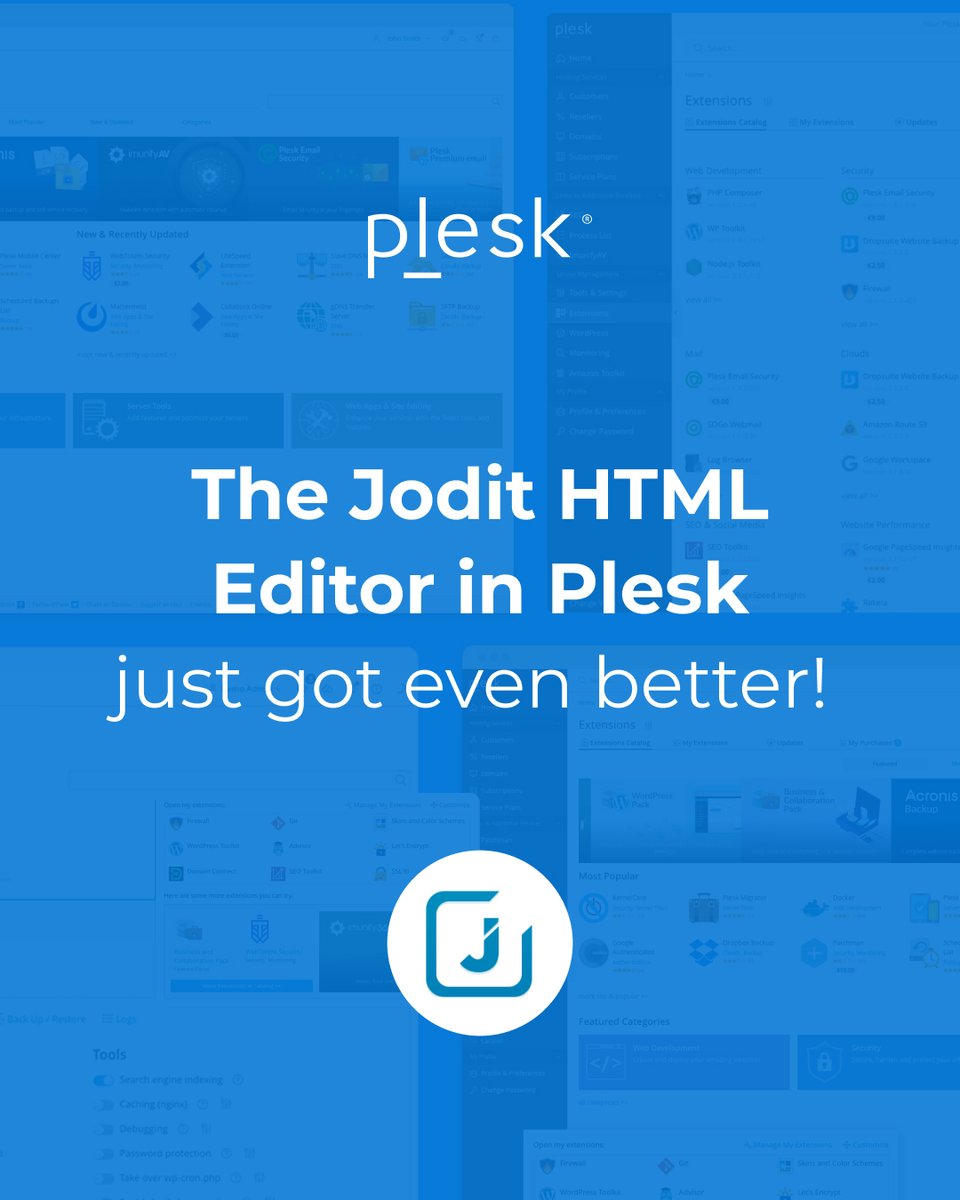 Plesk's tweet image. Jodit HTML #Editor v18.0.73 is here with Plesk Obsidian v.18.0.73!
✅ Cut 
✅ Copy 
✅ Paste 
✅ Source Editing  
✅ Image Support 
... and more! 

All in a WYSIWYG editor that matches your #Plesk interface.
Check out the update &amp;amp; start your #FreeTrial: b.link/w8hbq7m1