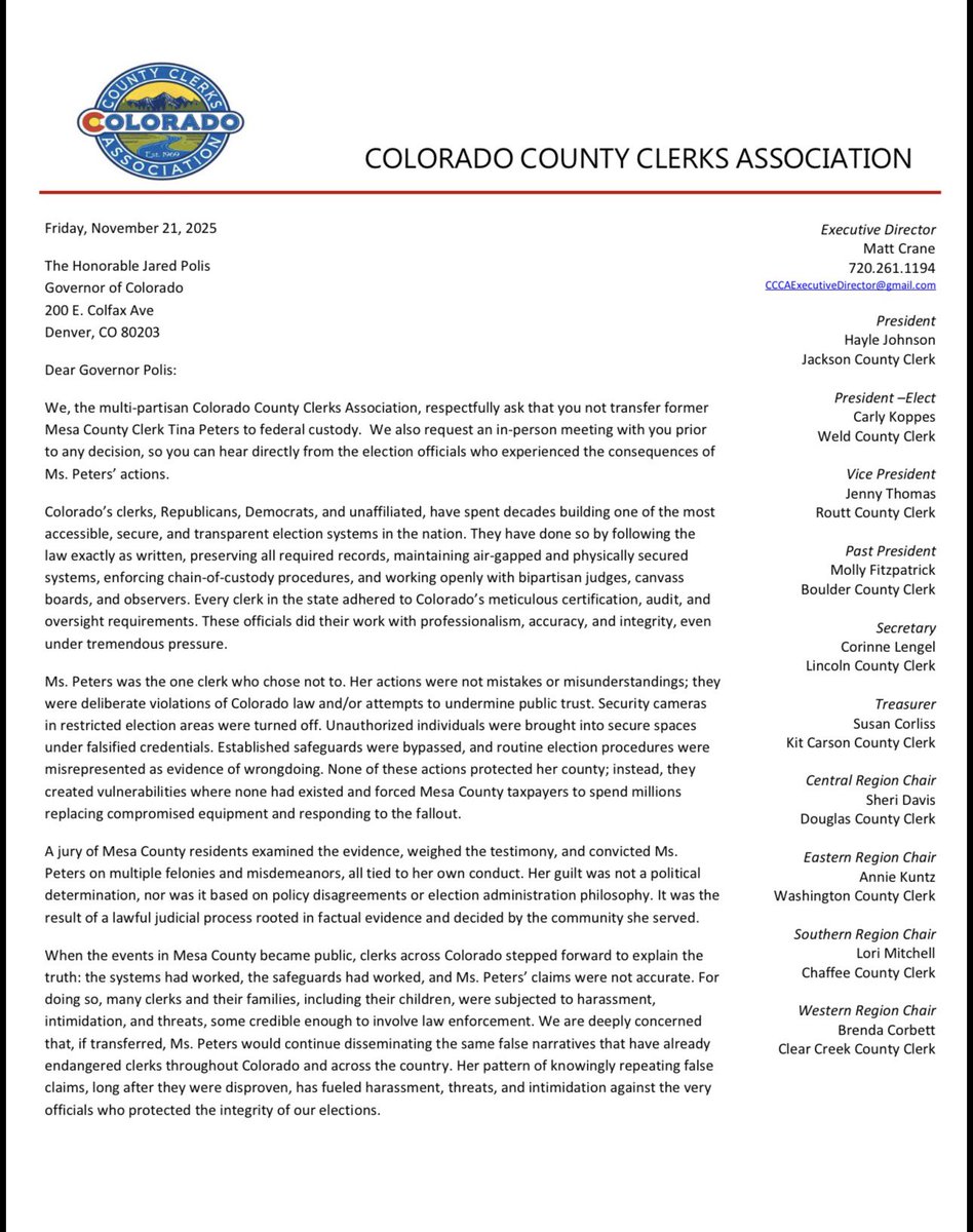 BreakTheChainsM's tweet image. Tina Peters is a pivotal witness for exposing election corruption in Colorado &amp;amp; nationwide.

CO county election clerks request Gov Polis not to release Tina Peters to the Trump Admin.

They know how compromised CO voting process is. They are running cover &amp;amp; protecting their own.