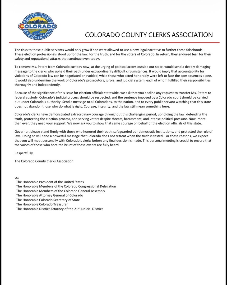 BreakTheChainsM's tweet image. Tina Peters is a pivotal witness for exposing election corruption in Colorado &amp;amp; nationwide.

CO county election clerks request Gov Polis not to release Tina Peters to the Trump Admin.

They know how compromised CO voting process is. They are running cover &amp;amp; protecting their own.
