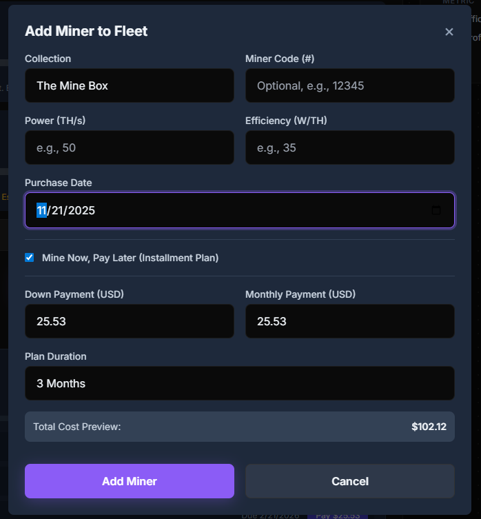 GominingCalc's tweet photo. Already implemented @gomining new Mine now pay later featured on our Dashboard under "your fleet" tab 😉

https://t.co/1bztY62x9Y any issues please rich out or use our feedback page https://t.co/BeTRd6e9X7