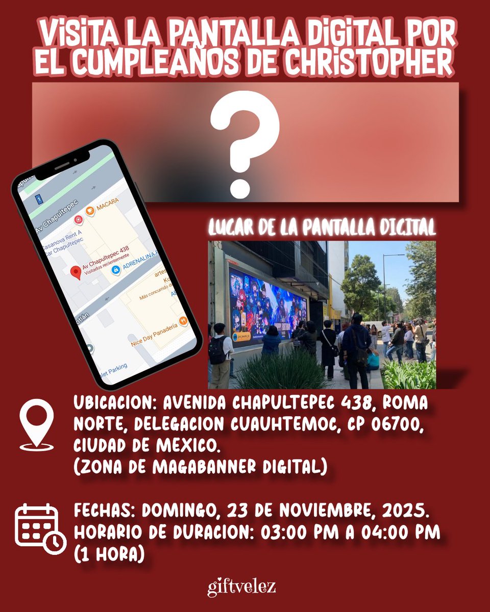 giftvelez's tweet photo. Ya se acerca el cumpleaños de Christopher y junto a las chicas de México le tenemos uns sorpresa este 23 de noviembre. ¡No falten!🫣❤️
Las primeras 5 en llegar tendrán algo extra.

#ChristopherVelez https://t.co/0kqmyegp7S