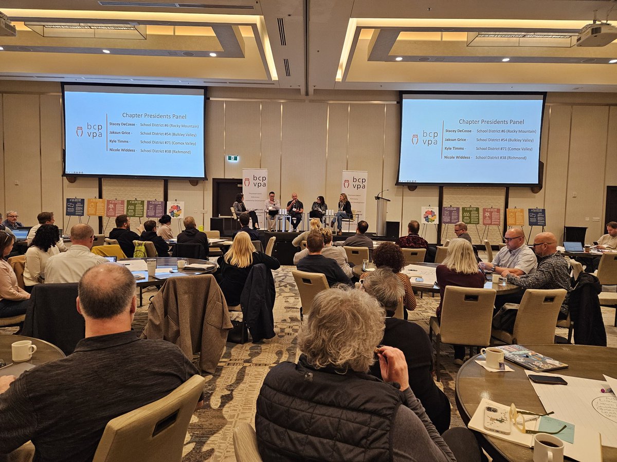 BCPVPA's tweet photo. Our Chapter Presidents panel - Stacey DeCosse #SD6, Jaksun Grice #SD54, Kyle Timms #SD71, Nicole Widdess #SD38 - talk about the role, the needs, the challenges... What is the perfect recipe for balance, when you take on an executive role? https://t.co/BxaZuW383o
