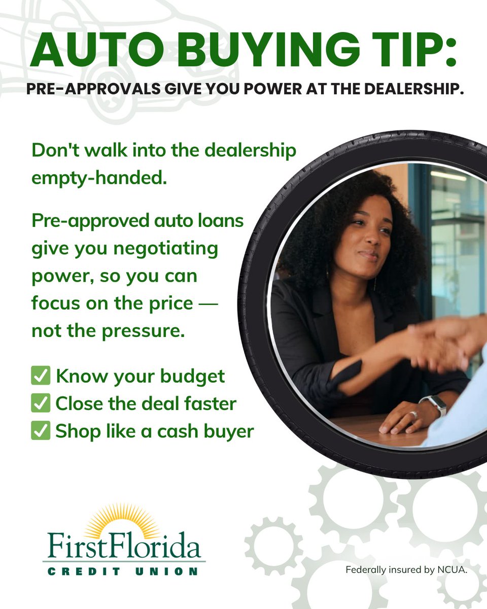 FirstFloridaCU's tweet image. #AutoBuyingTip: When you know your budget and can lock in your rate with a pre-approval, you can shop and negotiate with confidence. 🚗👍 

Find more expert tips: bit.ly/3DUE581

#AutoLoan #PreApproved