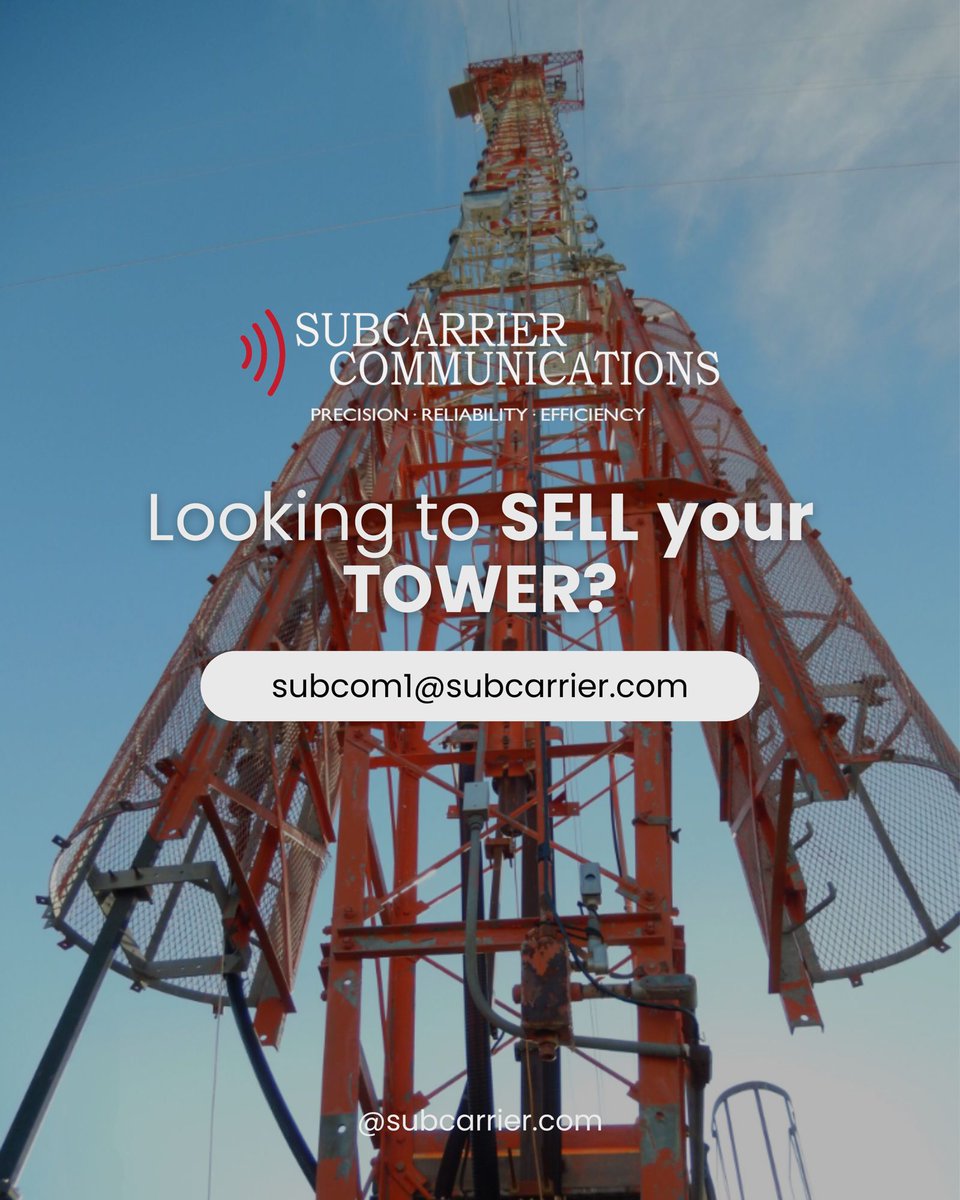 Looking to sell your tower, we can help. Since 1986, Subcarrier has specialized in tower and rooftop management. We have a passion for this industry and are always looking to expand our tower portfolio with new and older locations.  Email subcom1@subcarrier.com for more info.