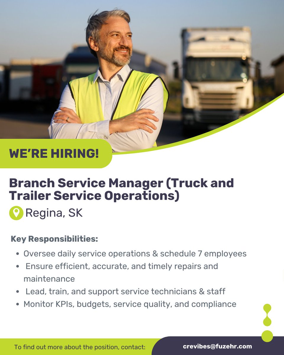 FuzeHR's tweet image. Now Recruiting: Branch Service Manager – Truck &amp;amp; Trailer Service – Regina, SK

📩 Apply now: crevibes@fuzehr.com
🔗 ow.ly/3CpK50XvZk1

#TruckService #TrailerService #ServiceManager #ReginaJobs #Leadership #MaintenanceManagement #NowHiring #SKJobs #Regina #Saskatchewan
