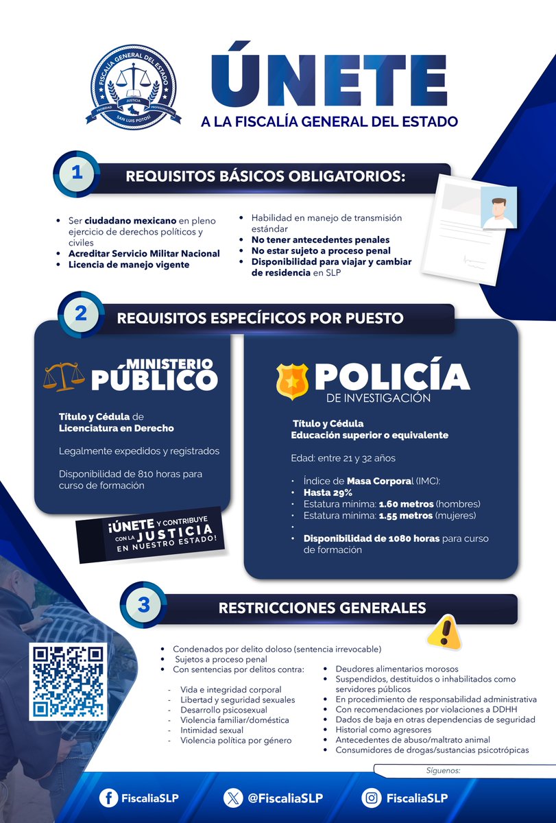 FiscaliaSLP's tweet image. La Fiscalía General del Estado de San Luis Potosí te invita a formar parte de nuestro equipo como Agente del Ministerio Público o Policía de Investigación. Para más información sobre las bases y requisitos, consulta  este enlace: fiscaliaslp.gob.mx/vi/convocatori….