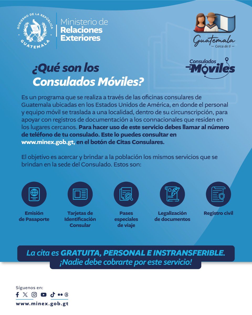 #GuatemalaCercaDeTi🇬🇹 || Los Consulados Móviles acercan servicios a guatemaltecos en EE. UU.: pasaportes, TIC, legalizaciones, registro civil y más.
La cita es gratuita.
📞 Llama y agenda tu cita con tu consulado.
Más info en minex.gob.gt en el botón cita consular