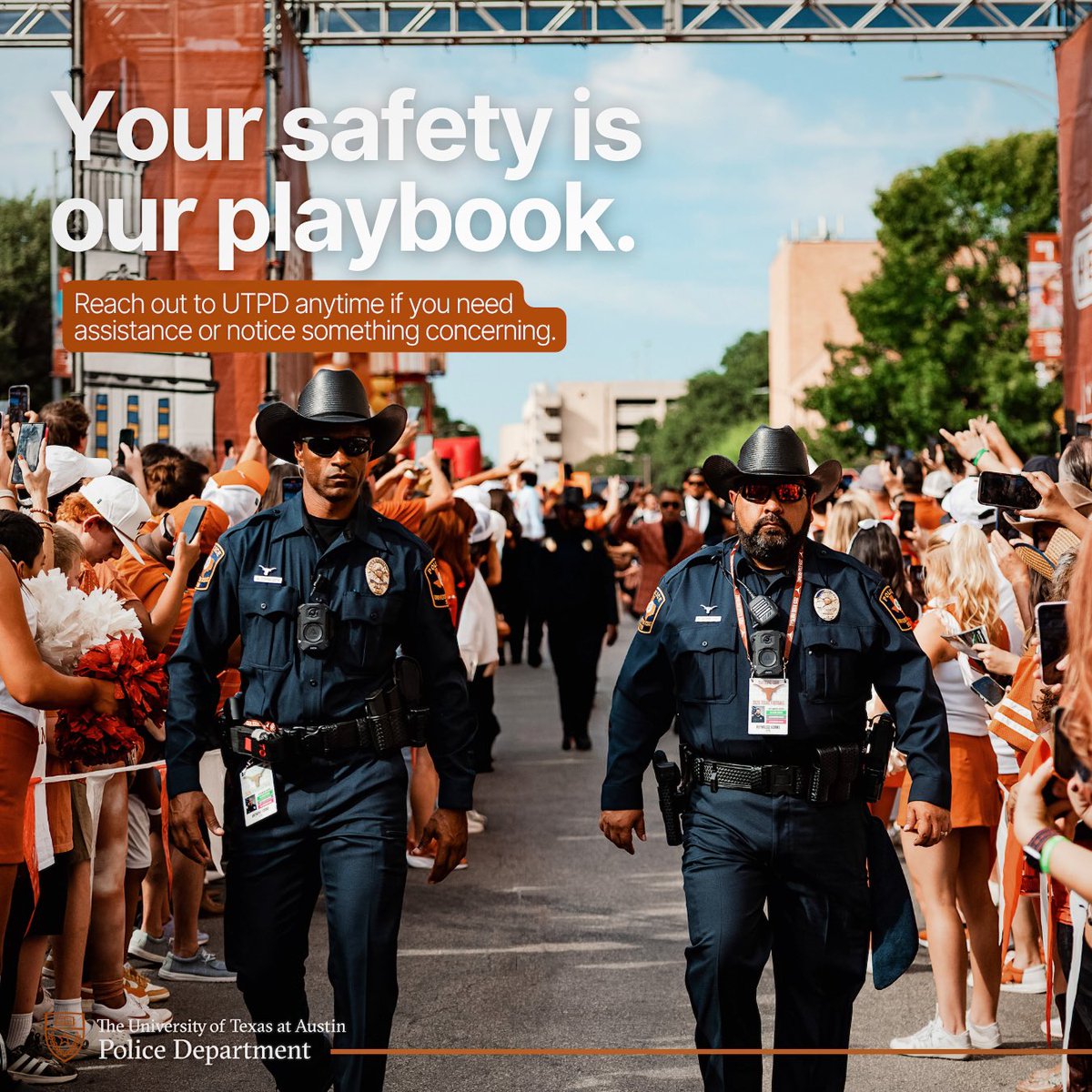 UTAustinPolice's tweet photo. Our officers will be around the stadium, tailgates, and on campus throughout game day โ here to support fans and students.
Download the LiveSafe app before kickoff to reach us fast, report concerns, and get official safety alerts.
Hook โem & stay safe!๐ค
#UTPD #HookEm https://t.co/2mIJLovuO4