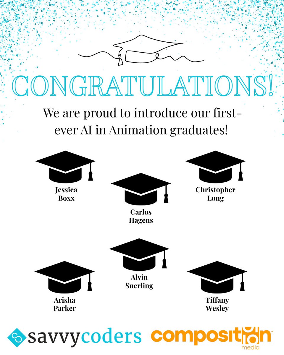 SavvyCoders's tweet image. Together with Composition Media, Savvy Coders is proud to introduce the first-ever graduates of our AI in Animation program!

We couldn’t be prouder of this pioneering class — the first of many to come! 💫

#SavvyCoders #CompositionMedia #AIAnimation #FilmFestival