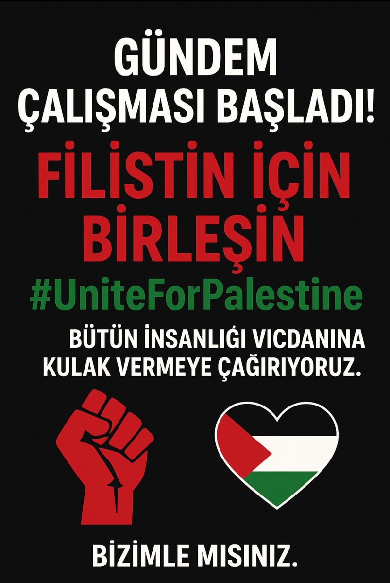 Filistin İçin Birleşin" başlığı ve 
🚨 "#UniteForPalestine" etiketiyle,

Bugün bir kez daha bütün insanlığı vicdanına kulak vermeye çağırıyoruz. 🌍🕊️

Sesimiz, suskunluğun duvarlarını kırsın…
Diyoruz ki artık birlik olmanın, tepki vermenin, yan yana durmanın vaktidir.
