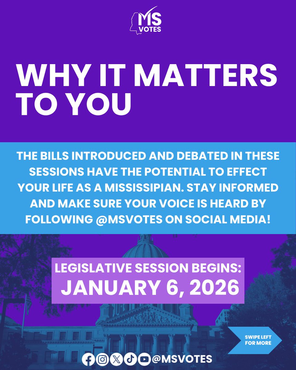What is a Legislative Session?
Each January, lawmakers gather in Jackson to debate and pass laws that affect our communities.
The next session starts January 6, 2026.
Stay tuned as we walk you through what it means — and how you can get involved.

#MSVotes #Up2Us